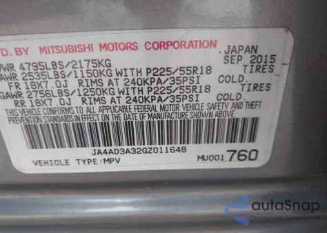 2016 Mitsubishi Outlander Se from USA, damaged, VIN JA4AD3A32GZ011648